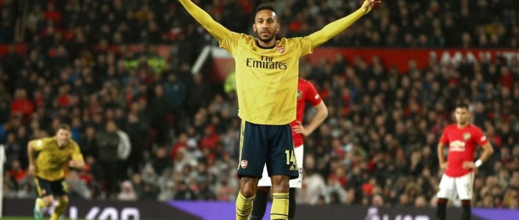 Aubameyang celebrates scoring at Old Trafford